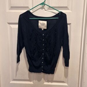 Abercrombie & Fitch Womens Ruffle Cardigan‎ Sweater L Blue 3/4 Sleeve Button Up